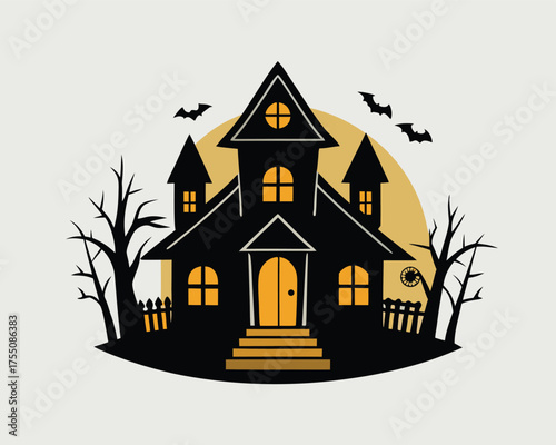 Spooky House Silhouette With Trees Halloween Night | Haunted Forest Mansion Illustration