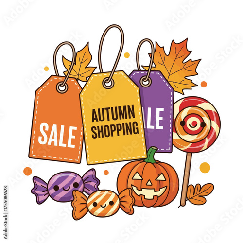 Autumn shopping sale with candy, pumpkin, and maple leaves, perfect for Halloween.