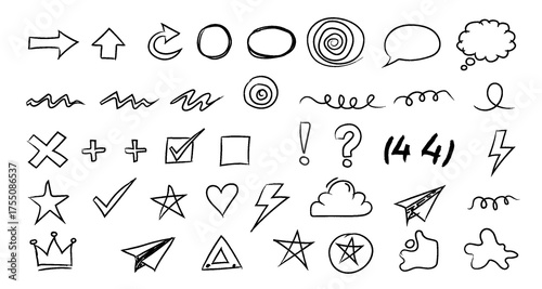 Hand drawn doodle icons and symbols collection featuring arrows shapes hearts stars and abstract elements