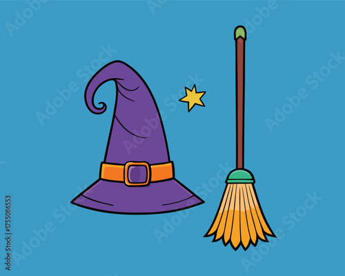 Witch Hat And Broom Vector Set Halloween Icons | Magical Hat And Broom Illustration