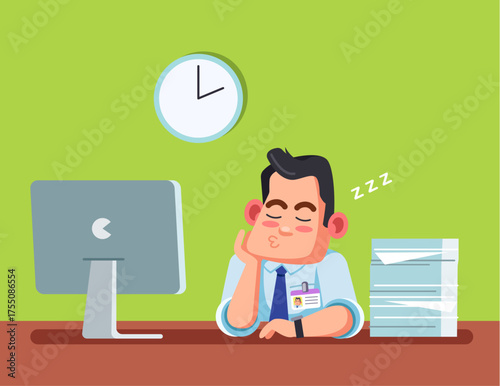 Office worker asleep. Green background. Vector graphics for infographics or web use.