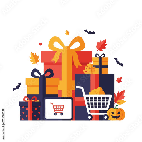 Fall and Halloween shopping with gifts, leaves, bats, pumpkin, and shopping cart.