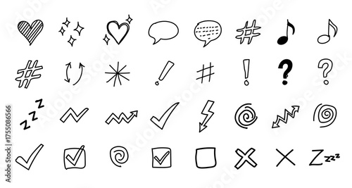 Collection of hand drawn doodle icons and symbols with sketchy lines and outline style