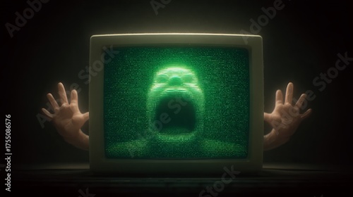 Retro CRT monitor with screaming face glitch art