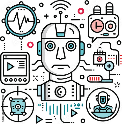 Funny cartoon robot and character icon set for technology and social media design