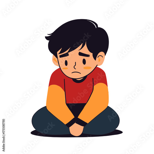 Sad boy sitting on floor with legs crossed looking upset and lonely, flat minimalist vector illustration of unhappy child expressing sadness and isolation