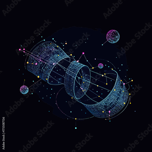 Futuristic wireframe measuring tape with cosmic elements and orbiting geometric planets in abstract space vector design