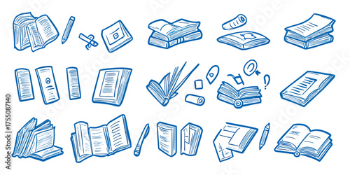 Hand drawn blue line doodle icon set of books open and closed, notebooks, reading materials, writing tools, educational and literature concepts in minimalist style vector illustration