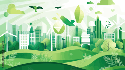 Green sustainable cityscape with modern buildings, renewable wind turbines, lush trees, and abstract eco-friendly symbols under blue sky with flying birds vector illustration