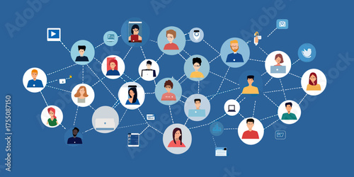 Network of diverse people connecting through video conference and digital communication icons in flat minimalist style illustration
