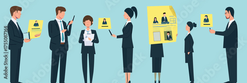Hiring process with human resources managers reviewing resumes and job candidates in formal business attire flat vector illustration