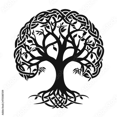 Intricate black and white Celtic tree of life vector illustration with intertwined roots and branches inspired by ancient knotwork design