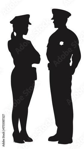 Silhouette of male and female police officers standing facing each other with hats and badges flat minimalist black vector illustration isolated on white background