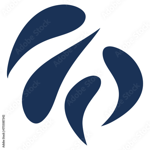 Abstract dark blue organic shapes forming a dynamic circular pattern, Abstract, fluid, dark blue, organic shapes, resembling droplets or petals, arranged in a circular, dynamic composition.
