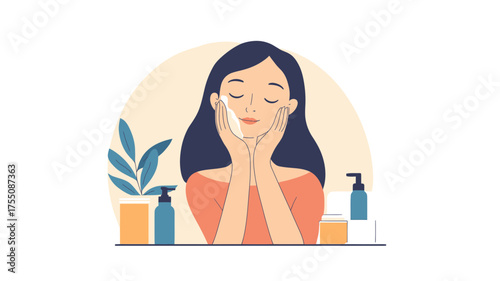 Woman with long hair applying facial cream and moisturizing skin surrounded by cosmetic bottles and plant in minimalist flat style illustration for skincare routine concept