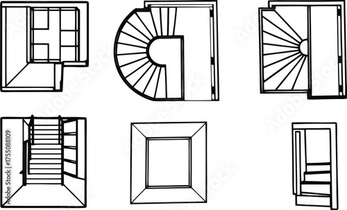 Set of Doors and Stairs Top View Symbols for Floor Plan. Minimal CAD Style Outline Vector Elements for Architectural and Interior Design Drawings