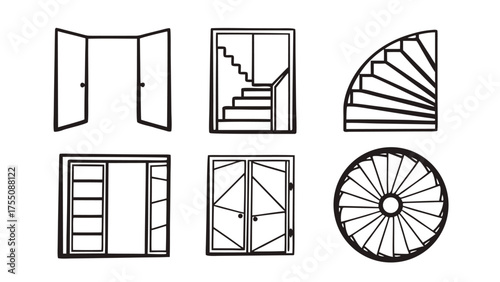 Set of Doors and Stairs Top View Symbols for Floor Plan. Minimal CAD Style Outline Vector Elements for Architectural and Interior Design Drawings