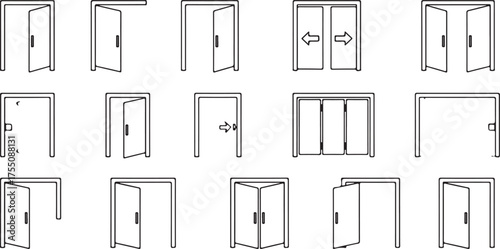 Set of Doors and Stairs Top View Symbols for Floor Plan. Minimal CAD Style Outline Vector Elements for Architectural and Interior Design Drawings