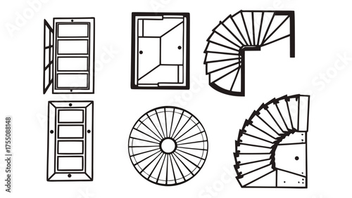 Set of Doors and Stairs Top View Symbols for Floor Plan. Minimal CAD Style Outline Vector Elements for Architectural and Interior Design Drawings