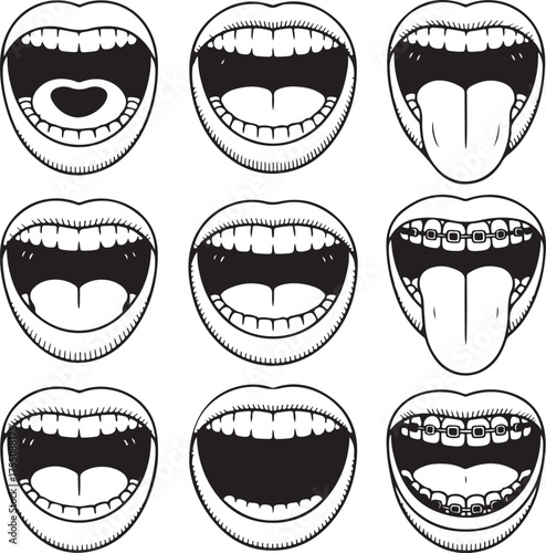 Collection of various open mouth expressions black and white vector illustration