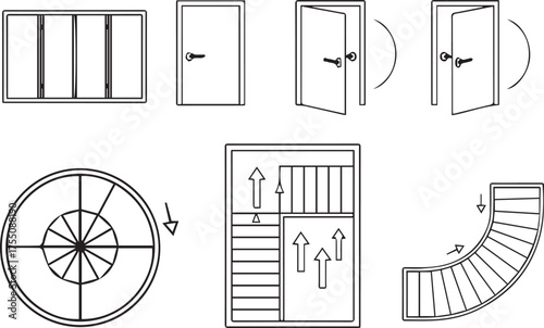 Set of Doors and Stairs Top View Symbols for Floor Plan. Minimal CAD Style Outline Vector Elements for Architectural and Interior Design Drawings