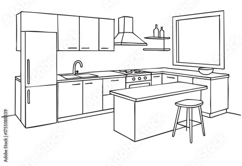 Interior line sketch of modern kitchen with island