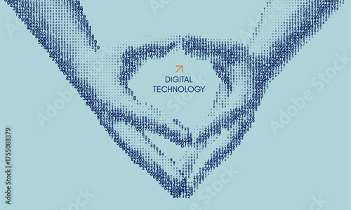Hands with steepled fingers. Body language that expresses confidence and self-esteem. Symbolic for unity and harmony. Сascading digital code matrix. Vector for poster, cover, brochure or presentation.