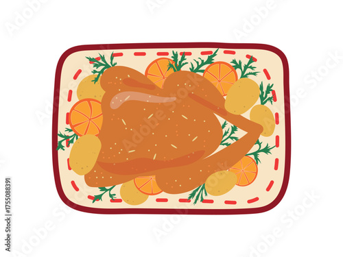 Roasted turkey vector illustration. Baked whole chicken bird with potatoes on a plate isolated on white background. Traditional festive food for Christmas celebration, Thanksgiving Day dinner
