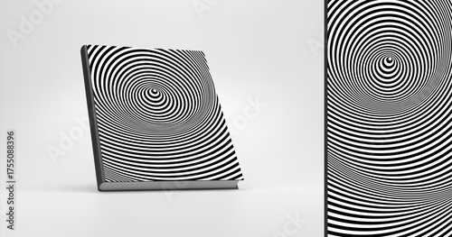 Hardcover book layout. Circular black and white pattern. Abstract striped background. Optical illusion. Cover design template. Vector illustration for brochure, planner, notebook or notepad.
