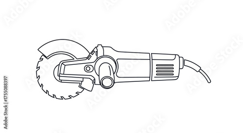 Line Art Illustration of an Angle Grinder with a Circular Saw Blade.