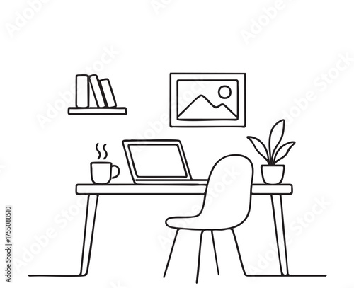 Table with a computer or workplace drawn by line style