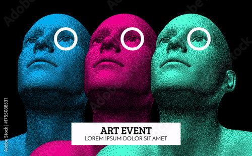 Three men with monocles on their eyes. Digital human head. Stipple effect. Art event. 3D vector for advertising, banner, booklet, brochure, cover, flyer, invitation, placard, poster, presentation.
