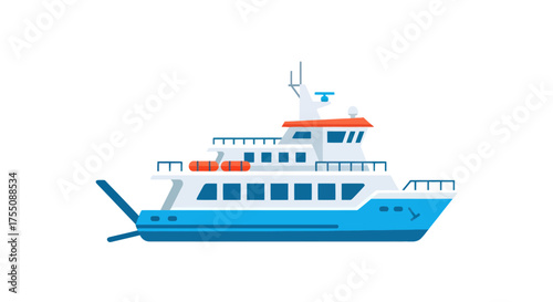 Blue and White Ferry Boat with Orange Accents on White Background.