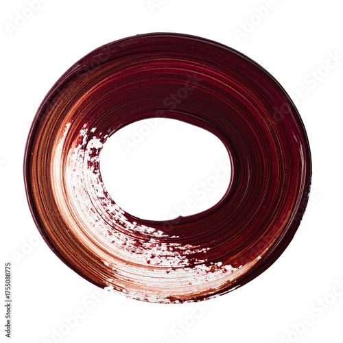 Circular brushstroke with dark maroon paint and a white smear, creating a hole at center