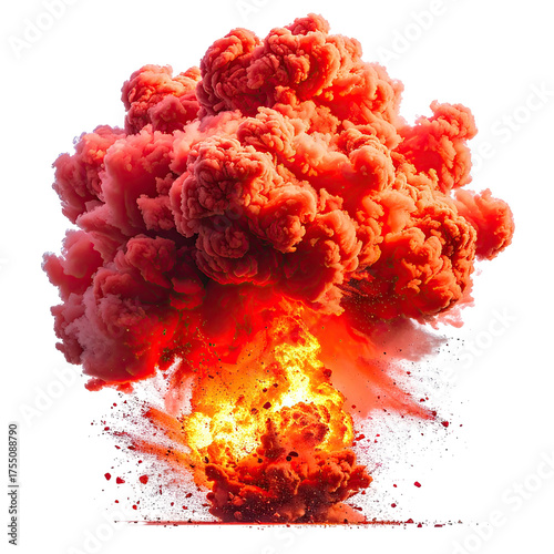 A large, vibrant, fiery explosion against a black background, showing smoke, heat, and force