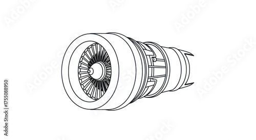 Detailed Line Art Illustration of a Modern Aircraft Jet Engine Turbine.