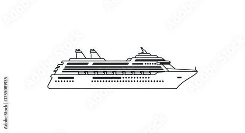 Detailed Black and White Outline of a Cruise Ship.