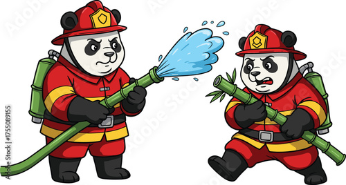 Funny cartoon panda firefighters spraying water, cute animal rescue team illustration, adorable panda fireman characters, emergency service concept art