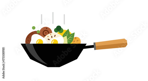 Asian Stir-fry Cooking in Black Wok with Vegetables and Steam.