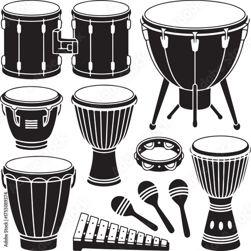 Musical percussion instruments black and white illustration for creative projects