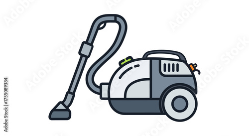 Cartoon style vacuum cleaner with hose and nozzle for household cleaning.