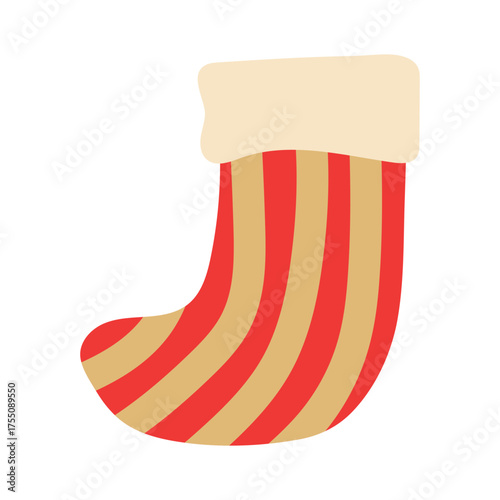 Christmas striped stocking vector illustration. Festive red sock with golden stripes isolated on white background. Traditional cozy winter holiday decoration for gifts in modern simple flat style