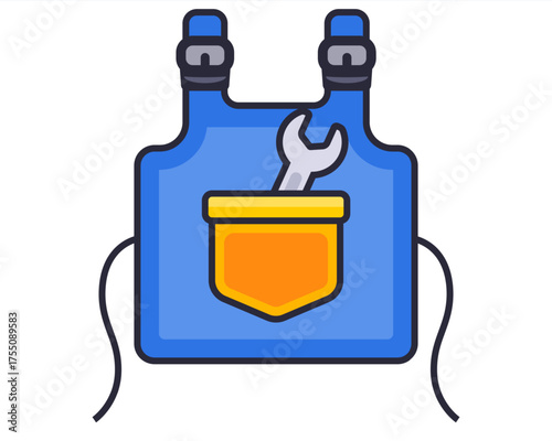 Blue work apron with a wrench. Flat vector illustration.