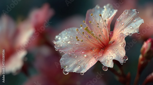   A focused image of a pink blossom adorned with dewdrops amidst a hazy backdrop of pink flora