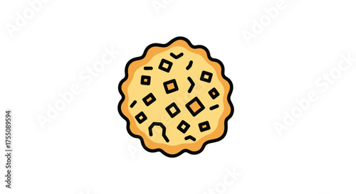 Round golden-brown cookie with a scalloped edge and scattered chocolate chips.
