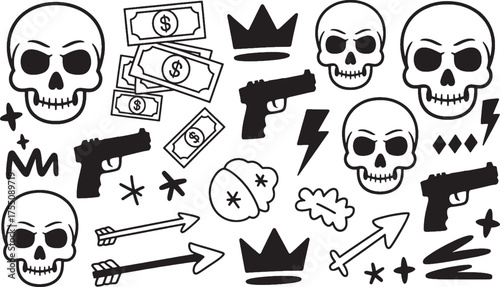 Black and white doodle icons of skulls guns money crowns lightning bolts and arrows skull doodle gun doodle