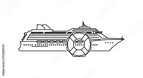 Detailed Line Art Illustration of a Large Cruise Ship with a Lifebuoy.