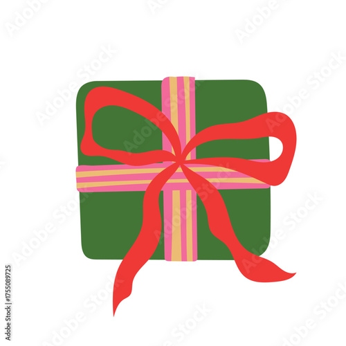 Christmas gift box vector illustration. Green square present with striped ribbon bow isolated on white background. Festive design for xmas decor, birthday celebration, party in flat hand drawn style