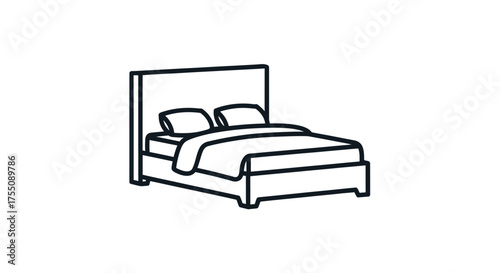 Simple Line Drawing of a Bed with Pillows and Blanket.