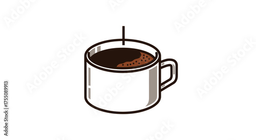 Simple Illustration of a White Ceramic Coffee Mug with Hot Dark Coffee Steaming.